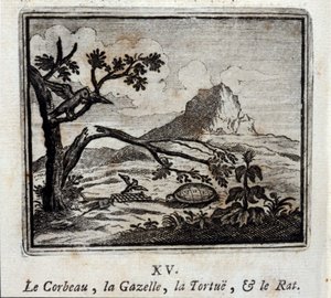 The Raven, the Gazelle, the Turtle and the Rat. Fables by Jean de La Fontaine (1621-95). Illustration by François Chauveau (1613-1676). Edition of 1728