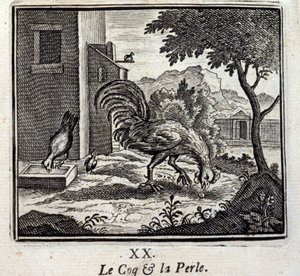 The Rooster and the Pearl. Fables by Jean de La Fontaine (1621-95). Illustration by François Chauveau (1613-1676). Edition of 1728