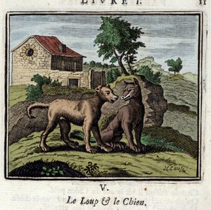 The Wolf and the Dog. Fables by Jean de La Fontaine. Illustration by Francois Chauveau. Edition of 1728 by Francois Chauveau