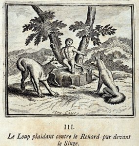 The Wolf pleading against the Fox in front of the Monkey. Fables by Jean de La Fontaine (1621-95). Illustration by François Chauveau (1613-1676). Edition of 1728