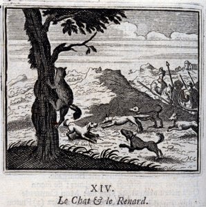 The Cat and the Fox. Fables by Jean de La Fontaine. Illustration by François Chauveau. Edition of 1728