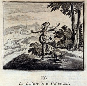 The Dairy and the Milk Jar. Fables by Jean de La Fontaine. Illustration by François Chauveau. Edition of 1728.