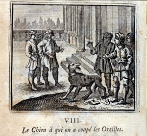 The Dog with His Ears Cut Off. Fables by Jean de La Fontaine. Illustration by François Chauveau. Edition of 1728 by Francois Chauveau