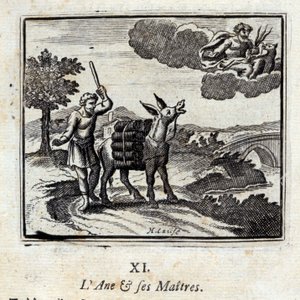 The Donkey and His Masters. Fables by Jean de La Fontaine. Illustration by François Chauveau, Edition of 1728 by Francois Chauveau