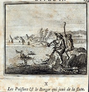 The Fish and the Shepherd Playing the Flute. Fables by Jean de La Fontaine. Illustration by François Chauveau. Edition of 1728