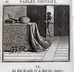 The Town Rat and the Field Rat. Fables by Jean de La Fontaine. Illustration by François Chauveau. Edition of 1728. by Francois Chauveau