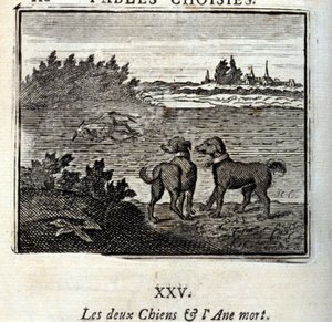 The two Dogs and the Dead Donkey. Fables by Jean de La Fontaine (1621-95). Illustration by François Chauveau (1613-1676). Edition of 1728