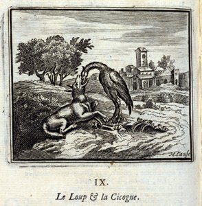 The Wolf and the Stork. Fables by Jean de La Fontaine. Illustration by François Chauveau, Edition of 1728 by Francois Chauveau
