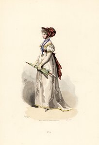 Woman in white dress with straw-coloured trim and garnet belt