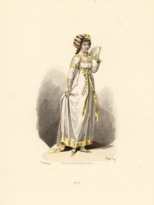 Woman in White Dress with Yellow Trim with Fan