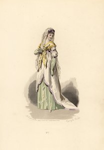 Woman in white tunic dress trimmed with lilac velvet