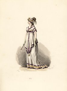 Woman in white tunic dress trimmed with lilac velvet