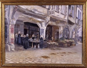 Market under the porches in Dinan - by F. Gombeaux, late 19th century by Francois Gombeaux