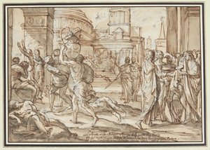 Plundering of a City. A Square Between Large Buildings. In the Foreground on the Left Lie the Dead, Among Them People Carrying Away Treasures. On the Right, a Group of Women with Valuables in Their Hands. Below, an Explanatory Inscription