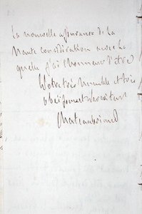 Letter with signature of the writer, written at Frankfurt en route to Chateaubriand