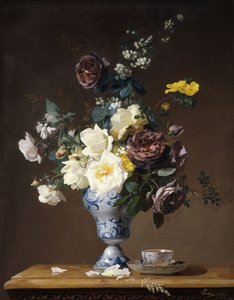 Roses and Other Flowers in a Blue and White Vase and a Teacup on a Ledge