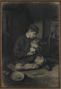 Seated Boy Holding a Cat (recto); Study of Kittens and a Plate of Milk (verso) by François Bonvin