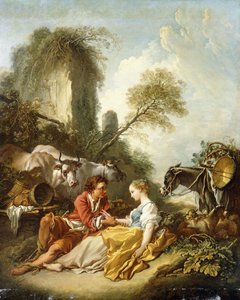 A Pastoral Landscape with a Shepherd and Shepherdess seated by Ruins by François Boucher