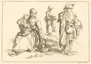 Seated Mother and Child, Two Standing Peasants