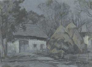 Haystacks by a Farmhouse in Moonlight by François Cachoud