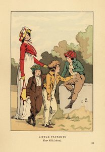 Boys in Jackets and Breeches with Merveilleuse in Roman Robe with Bonnet and Spencer Jacket. Little Patriots, Year VIII by François Courboin