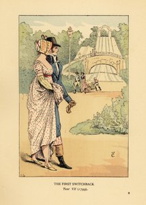 Fashionable couple at the Russian Mountains rollercoaster, Les Montagnes Russes a Belleville, built in 1812