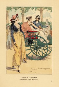 Fashionable Couple Driving in a One-Horse Whiskey Carriage or Gig in Longchamps, Paris, Year V
