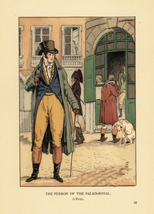 Fashionable Gentleman in Front of the Entrance to the Passage du Perron, Palais Royal. He Wears a Hat, Cravat, Coat, Waistcoat Breeches and Boots. The Perron of the Palais Royal, Paris