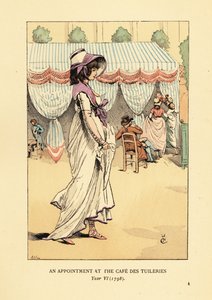 Fashionable woman arriving for an appointment at the Cafe des Tuileries, Paris, Year VI