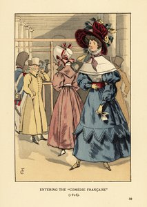 Fashionable women at a play, Paris. Woman in large bonnet with ribbons, dress with high collar, lace cape or pelerine and full sleeves en beret. Entering the Comedie Francaise by François Courboin