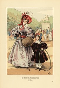 Woman and child with hoop playing in the park. In the Champs Elysees by François Courboin