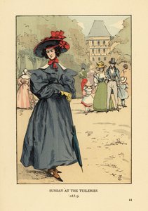 Woman promenading in Sunday Best in the park. She wears a wide-brim hat, dress with full sleeves, ankle boots and carries a parasol. Sunday at the Tuileries Garden