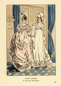 Women in feather headdresses and luxurious embroidered dresses, court of King Louis XVIII, circa 1817. Interior with blue curtains and fleur de lys carpet. Court dresses in the early Restoration, Paris. Handcoloured lithograph by R.V. after an illustration by François Courboin