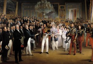 Revolution of 1830: The Chamber of Deputies presents to the Duke of Orleans, Louis Philippe I, the act that calls him to the throne and the Charter of 1830, at the Royal Palace, on 7/08/1830 (detail) by François Joseph Heim
