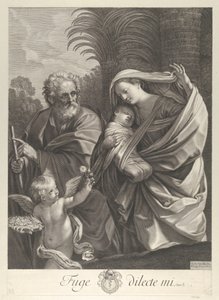 The Flight into Egypt, the Holy Family walking together, Saint Joseph pointing to t...