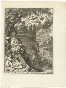Muse and Putti Sitting by the Monument of Poet Arnold Moonen (title page for: Arnold Moonen, Continuation of Poetry, Delft 1720) by François van Bleyswijck