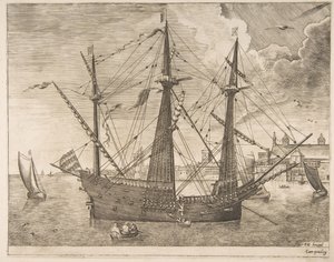 Armed Three-Master Anchored Near a City by Frans Huys