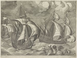 Three Warships, in the Foreground Arion on a Dolphin (series title: Sailing Ships) by Frans Huys