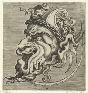 Mask in Profile with Two Horns of Strapwork and a Laurel Wreath by Frans Huys