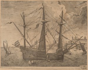 Armed Three-Master Anchored Near a City