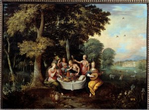The Five Senses: Young Women in a Landscape with Banquet (Taste), Music (Hear), Mirror (View), Bouquet of Flowers (Smell) and Caress (Touch). Painting by Franz Francken II (1581-1642)