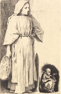 Standing Woman with a Basket. A Small Beggar in the Corner