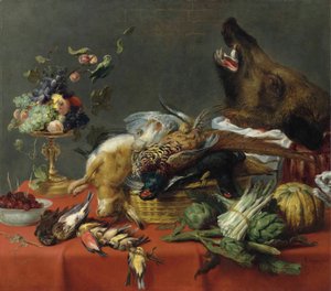 Draped Table Laden with Game, Fruit, Vegetables and a Boar