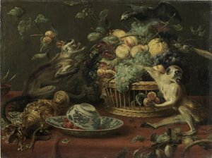 Monkeys and parrot near a fruit basket by Frans Snyders