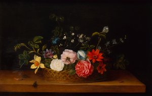 Flowers in a Basket with Insects on a Ledge