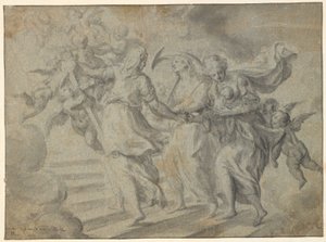 Religious Composition: Three Women Carrying a Child Up a Staircase, Towards a Group of Floating Angels with a Cross