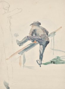 Man Climbing Over a Railing and Outlines of a Girl