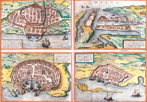 Plan of Cagliari (Calaris), Sardinia (Italy), Malta (Malta), Rhodes (Rhodus) and Famagusta (Famaugusta), Cyprus by Franz Hogenberg