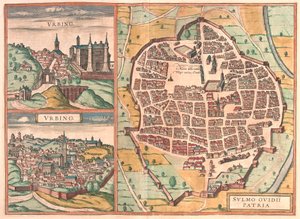 Urbino and Sulmona, Italy (engraving)