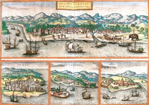 Views of Kozhikode or Calicut (India), Ormuz (Iran), Cannanore or Kannur (India) and St. George of the Mine or Elmina (Ghana) by Franz Hogenberg
